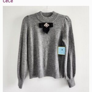 CeCe Women’s Sz M Knit Sweater Gray Long Puff Sleeve Rhinestone Black Bow Soft
